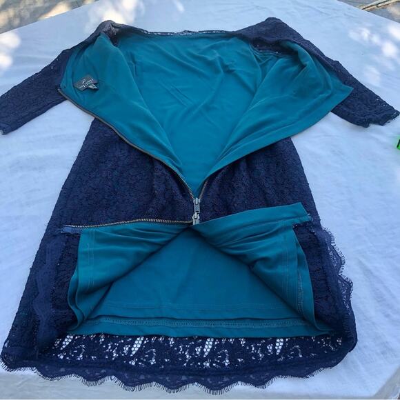 Adrianna Papell size 4 Lace Overlay Navy & Green Exposed Zip HOCO Cocktail Dress - Picture 11 of 16
